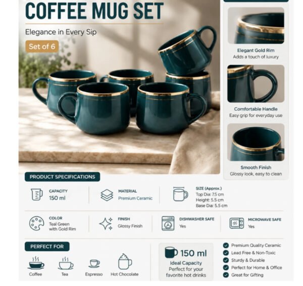 Dark Green Gold Rim Tea Cup Set pack of 6 piece