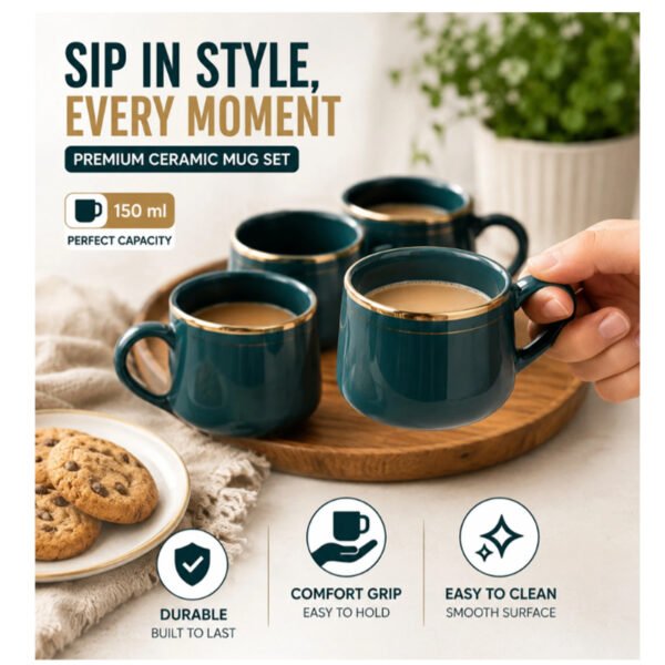 Dark Green Gold Rim Tea Cup Set pack of 6 piece